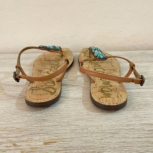 Sam Edelman Sandals 6.5 Tan Turquoise Blue Stones Beads Cork Thong T Strap Flat - Picture 7 of 12